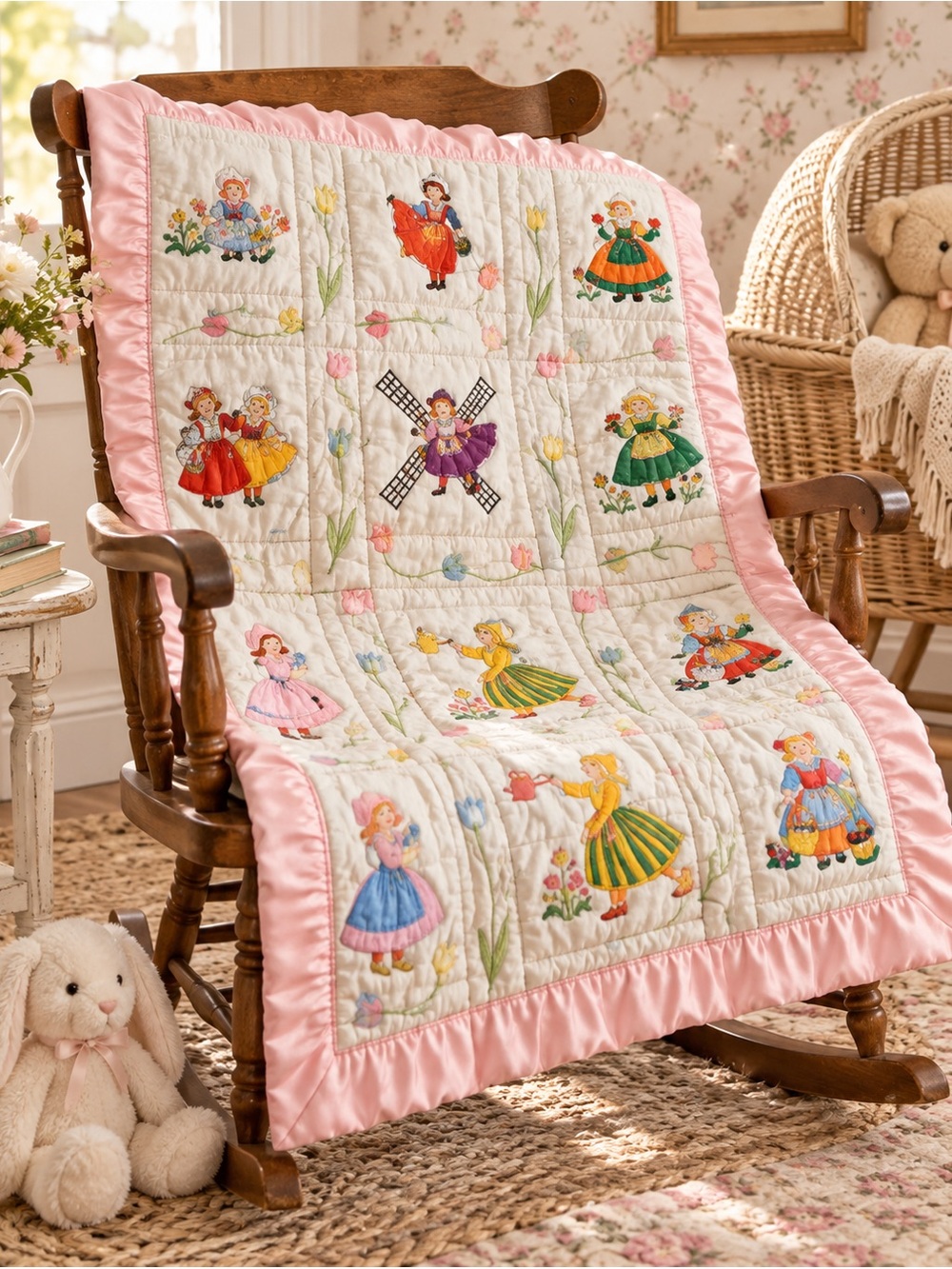 Vintage Dutch Girl Quilt Pink Satin Cottagecore Nursery Handmade Appliqué